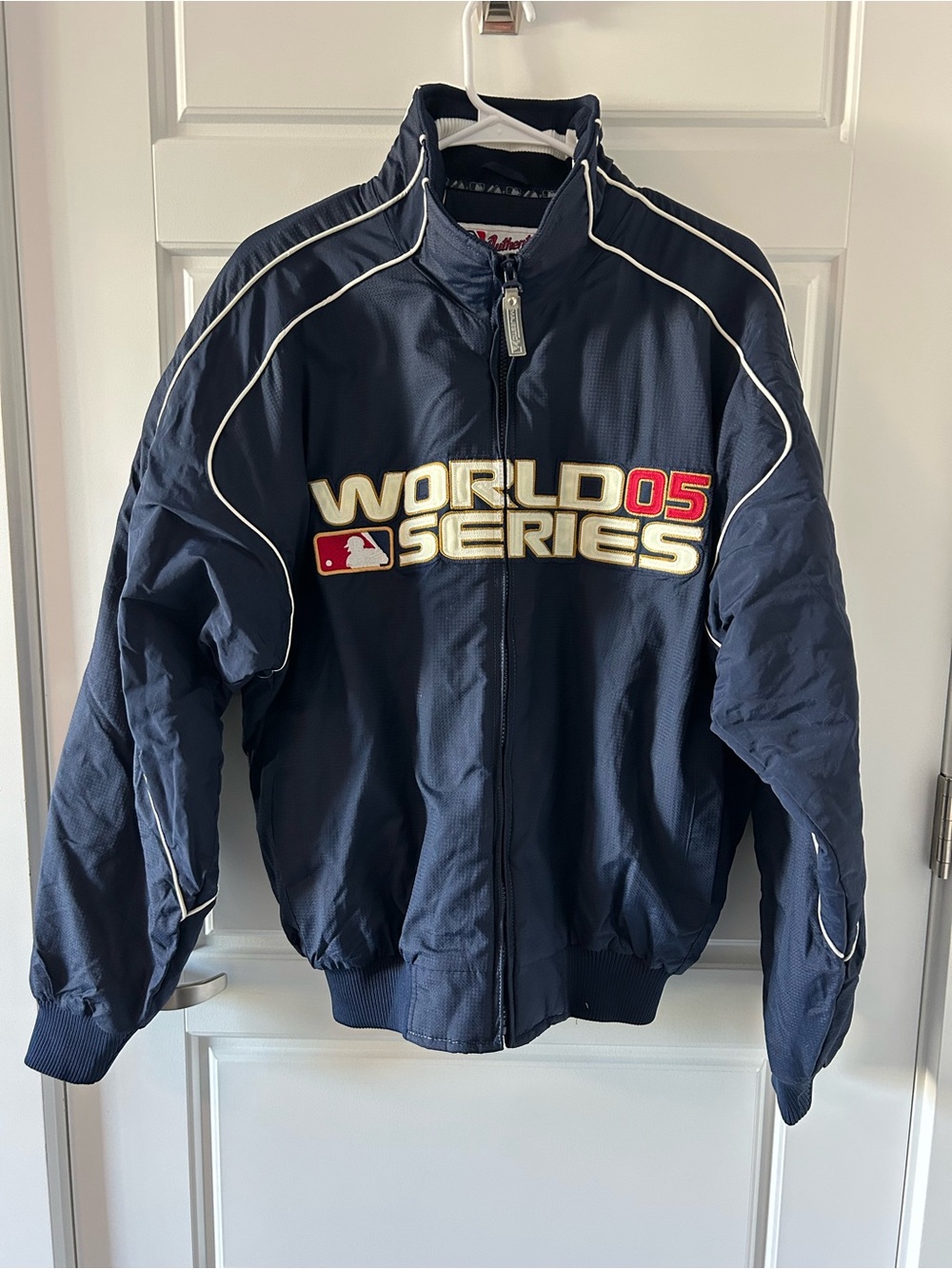 Majestic Navy Bomber Jacket with White Piping and Gold/Red Embroidery